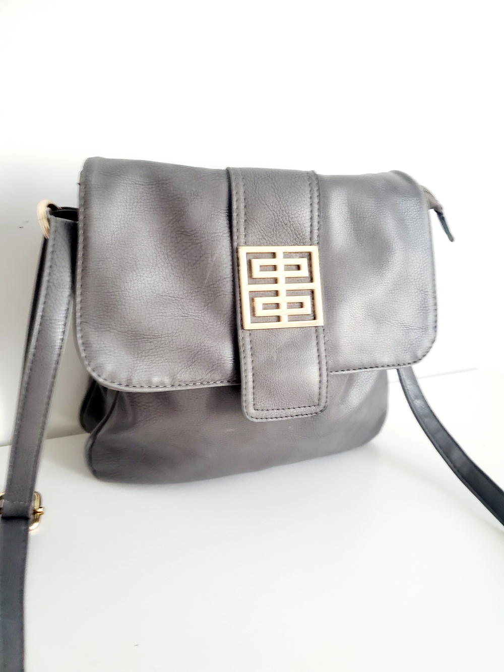 Structured Gray Crossbody Bag with Gold Accent Hardware